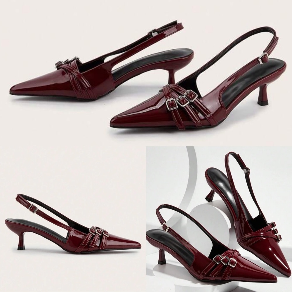 Burgundy / maroon / dark red slingback pointed toe patent faux leather heels